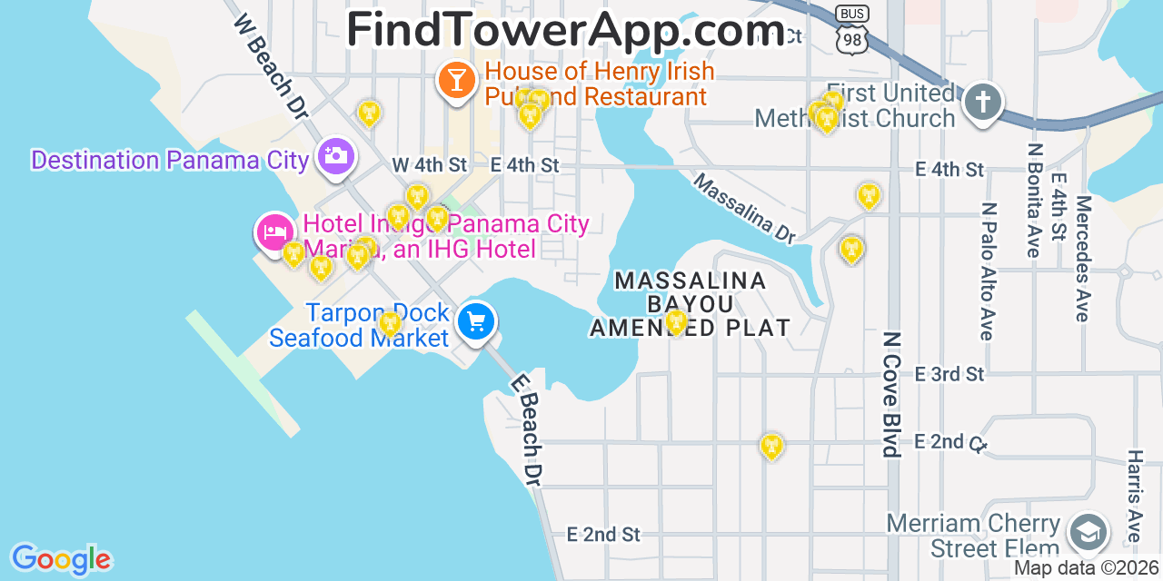 Map showing the 20 primary cell tower locations detected in Panama City, Florida from AT&T, Verizon, and T-Mobile networks