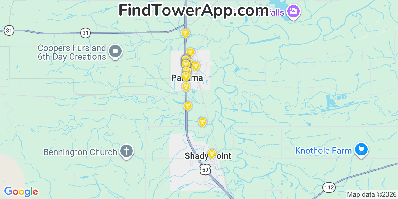 Map showing the 20 primary cell tower locations detected in Panama, Oklahoma from AT&T, Verizon, and T-Mobile networks