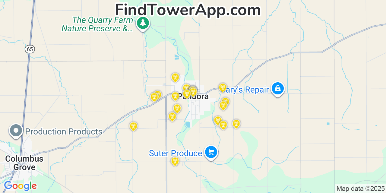 Map showing the 20 primary cell tower locations detected in Pandora, Ohio from AT&T, Verizon, and T-Mobile networks