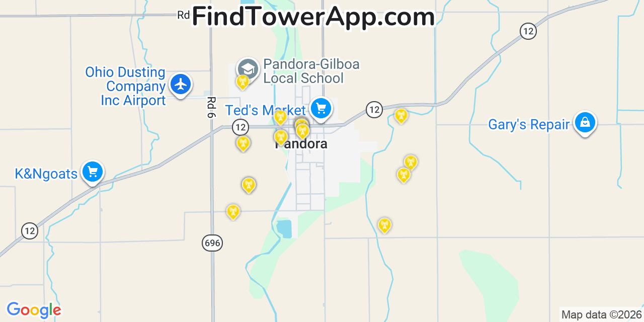 Map showing the 20 primary cell tower locations detected in Pandora, Ohio from AT&T, Verizon, and T-Mobile networks