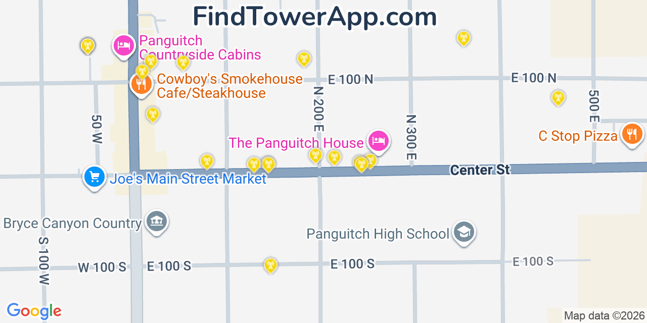 Map showing the 20 primary cell tower locations detected in Panguitch, Utah from AT&T, Verizon, and T-Mobile networks