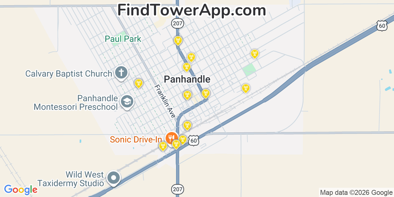Map showing the 20 primary cell tower locations detected in Panhandle, Texas from AT&T, Verizon, and T-Mobile networks