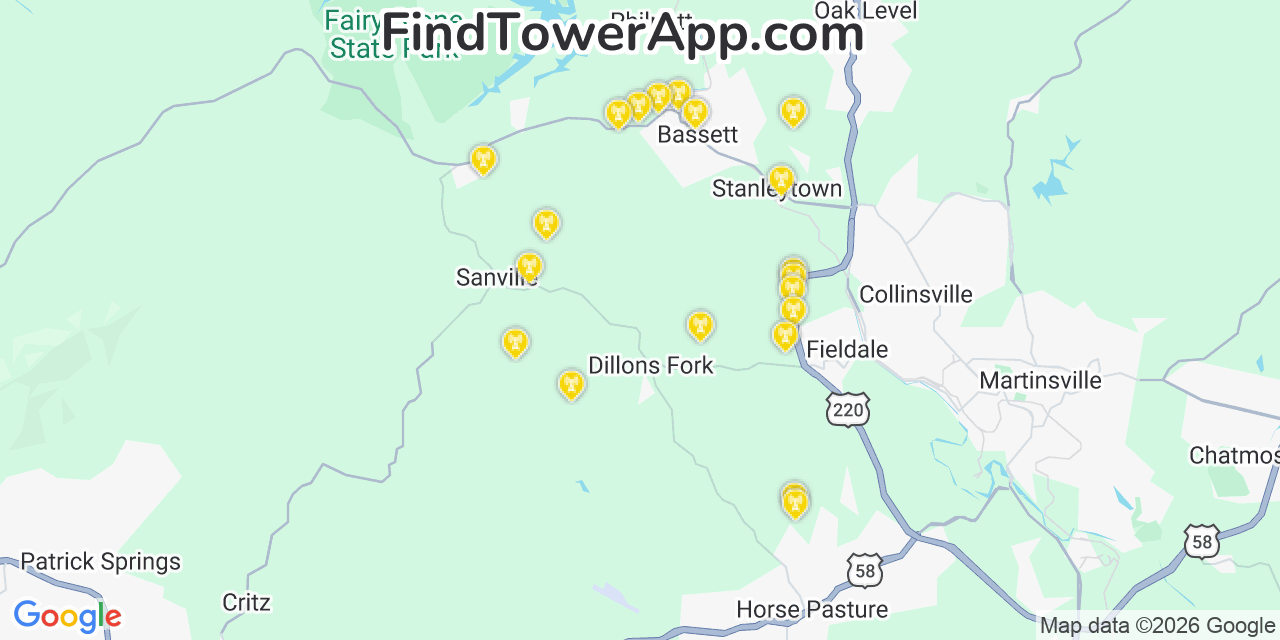 Map showing the 20 primary cell tower locations detected in Pannill Fork, Virginia from AT&T, Verizon, and T-Mobile networks