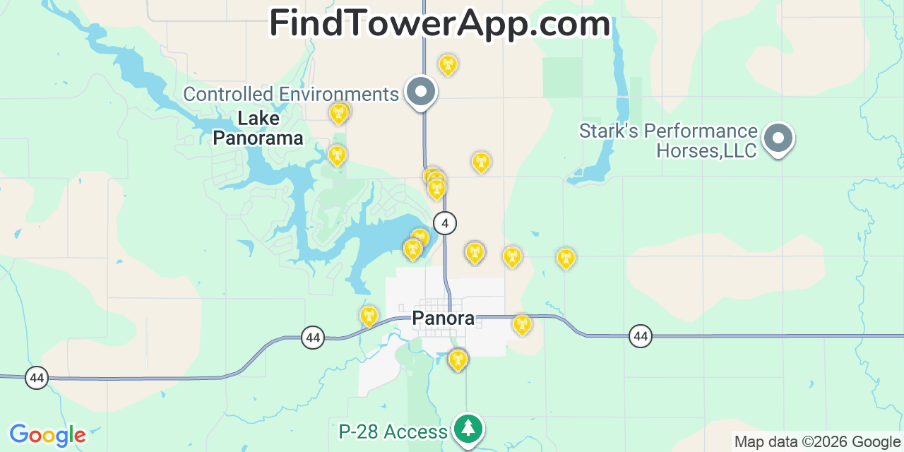 Map showing the 20 primary cell tower locations detected in Panora, Iowa from AT&T, Verizon, and T-Mobile networks