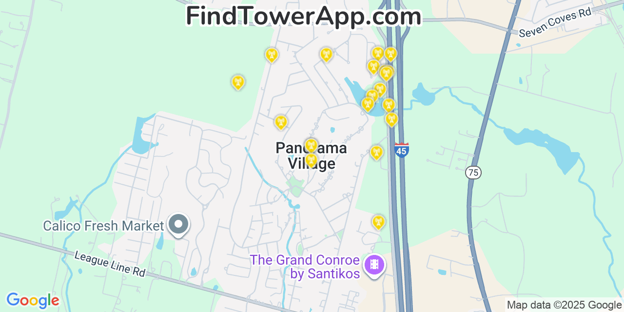 Map showing the 20 primary cell tower locations detected in Panorama Village, Texas from AT&T, Verizon, and T-Mobile networks
