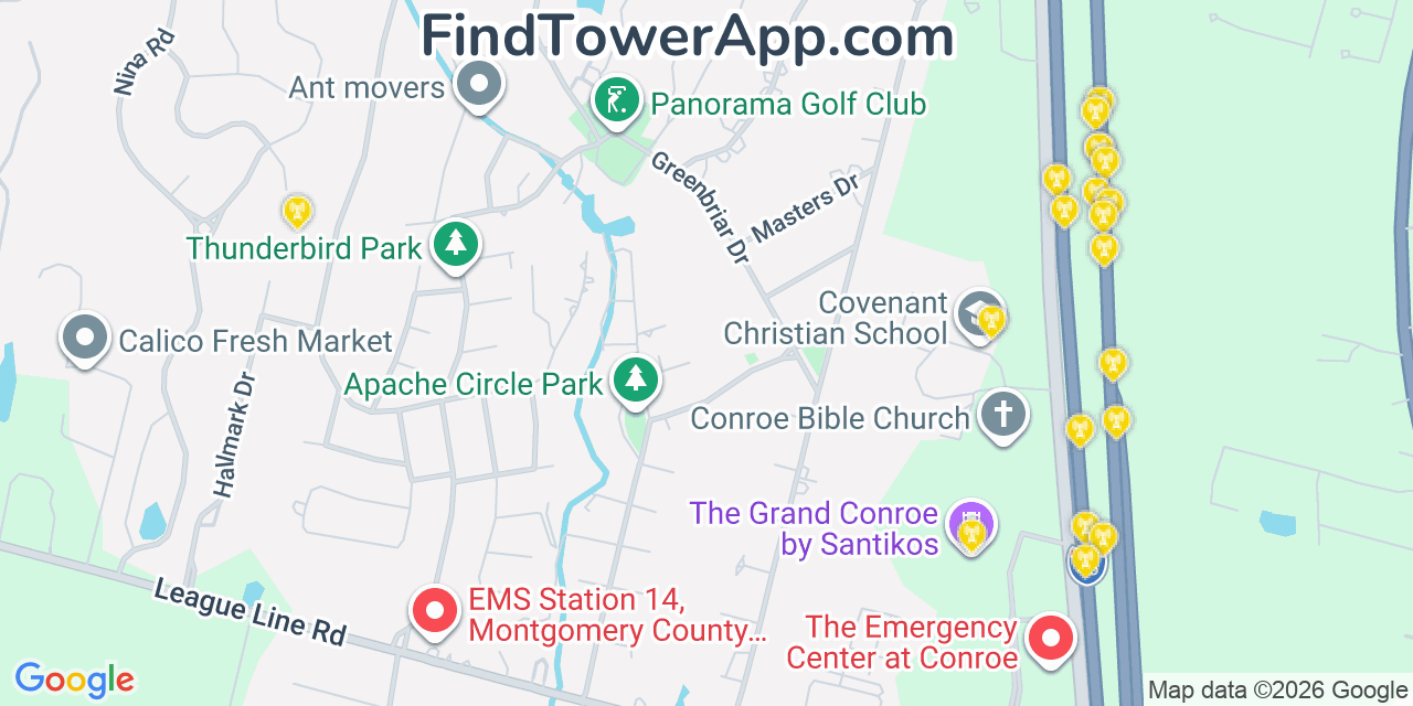 Map showing the 20 primary cell tower locations detected in Panorama Village, Texas from AT&T, Verizon, and T-Mobile networks