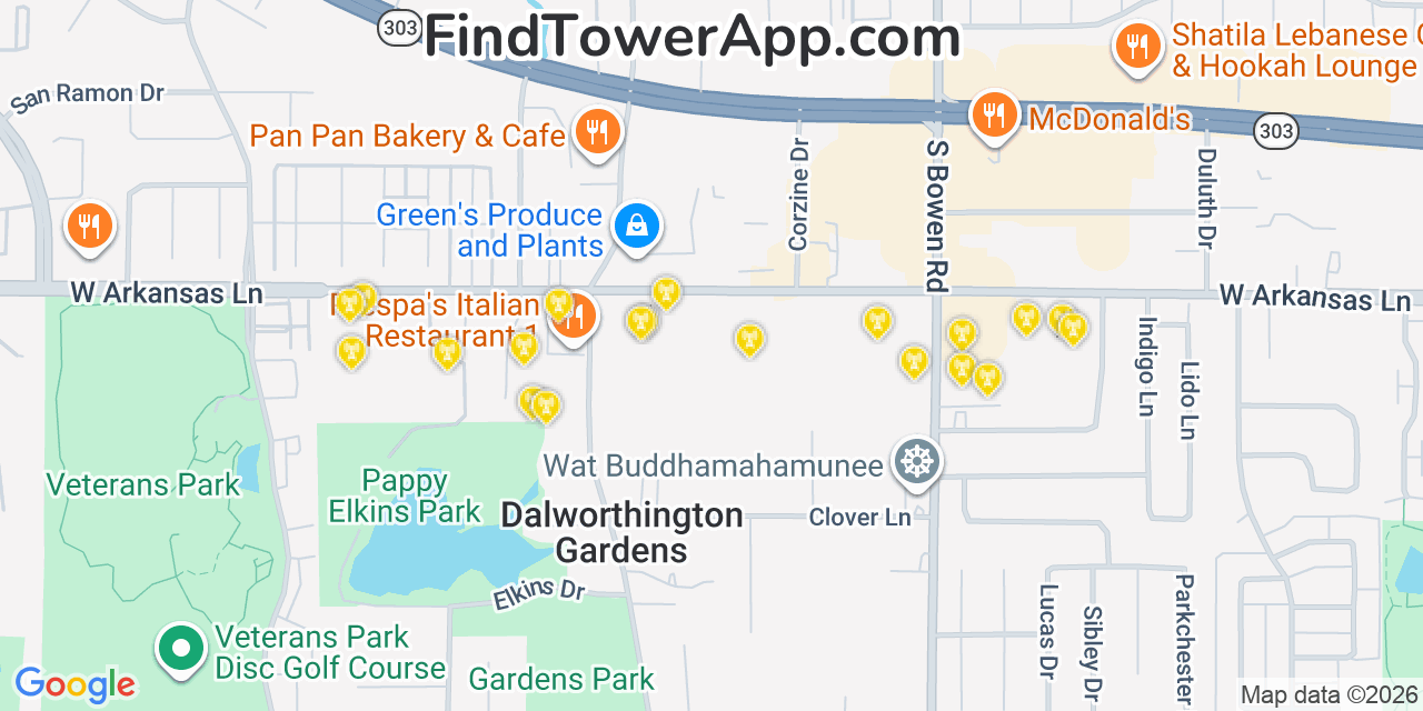 Map showing the 20 primary cell tower locations detected in Pantego, Texas from AT&T, Verizon, and T-Mobile networks