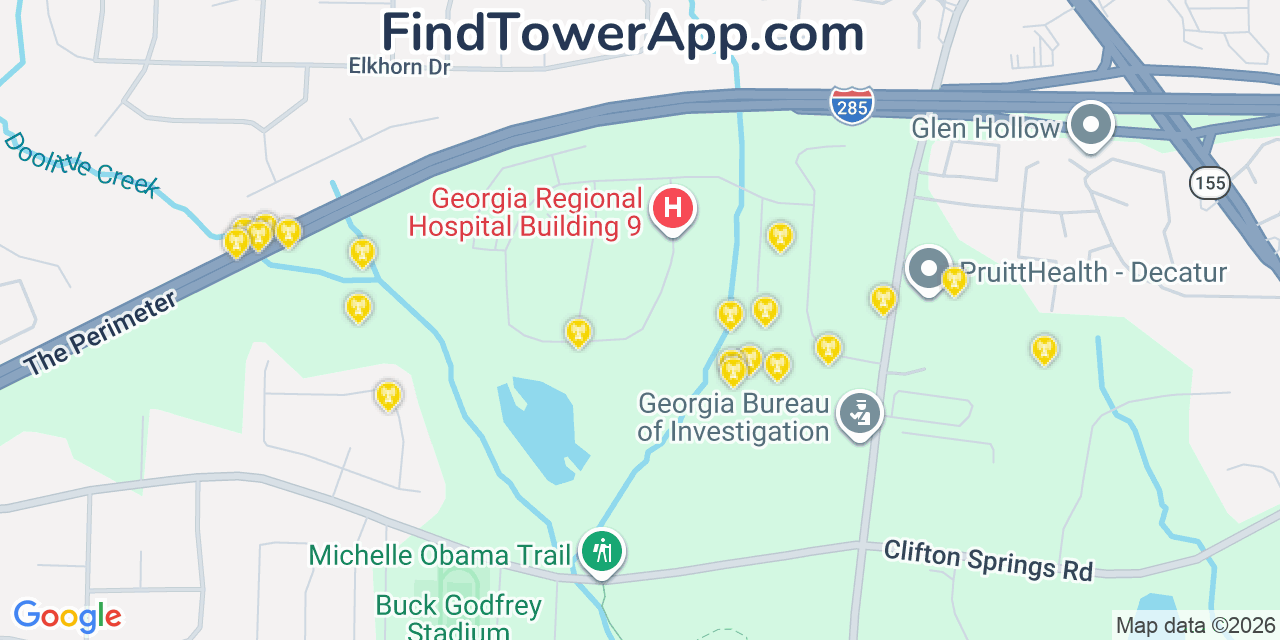 Map showing the 20 primary cell tower locations detected in Panthersville, Georgia from AT&T, Verizon, and T-Mobile networks