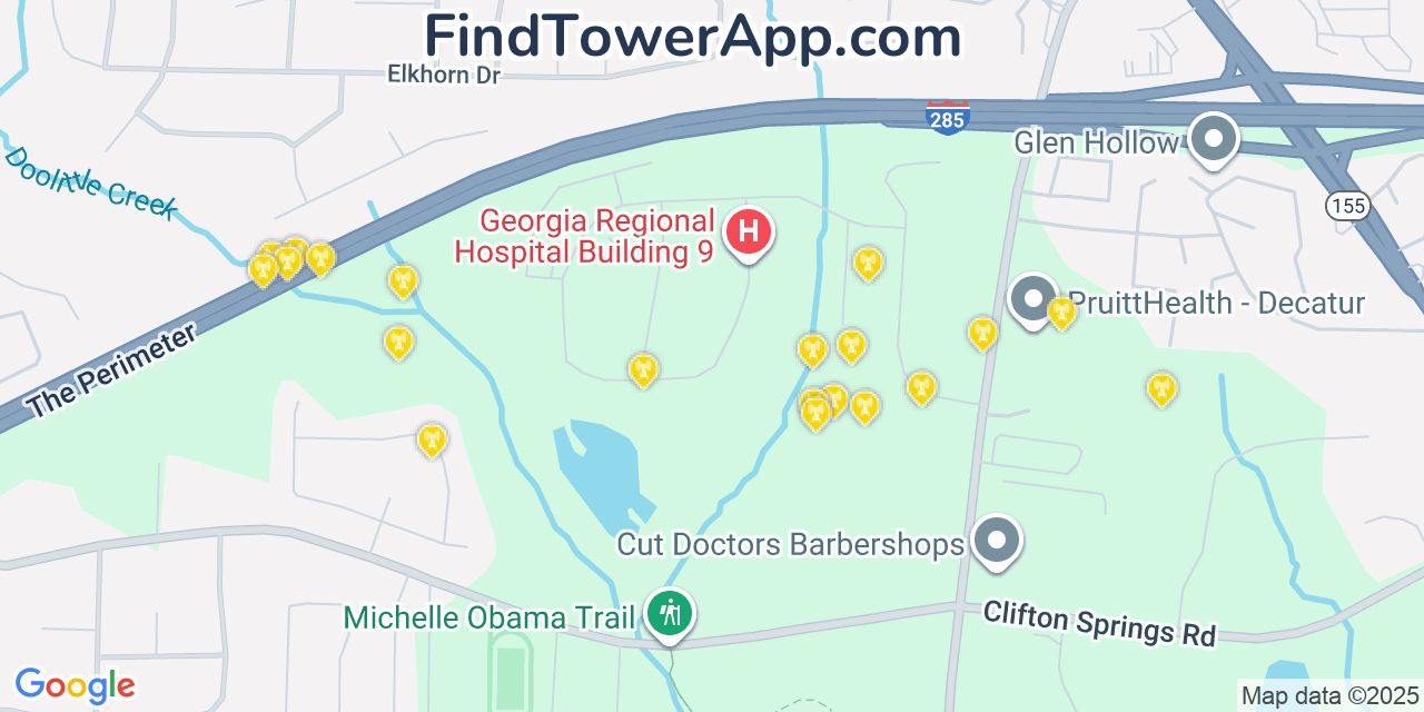 Map showing the 20 primary Mobitel cell tower locations detected in Panthersville, Georgia with coverage radius and signal strength indicators