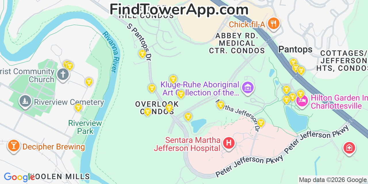 Map showing the 20 primary cell tower locations detected in Pantops, Virginia from AT&T, Verizon, and T-Mobile networks