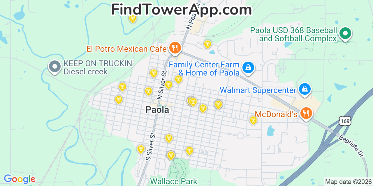 Map showing the 20 primary cell tower locations detected in Paola, Kansas from AT&T, Verizon, and T-Mobile networks