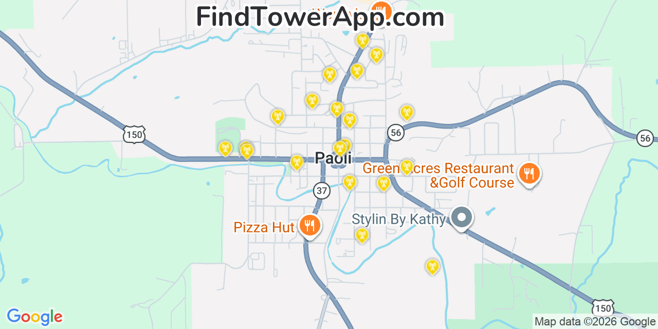 Map showing the 20 primary cell tower locations detected in Paoli, Indiana from AT&T, Verizon, and T-Mobile networks