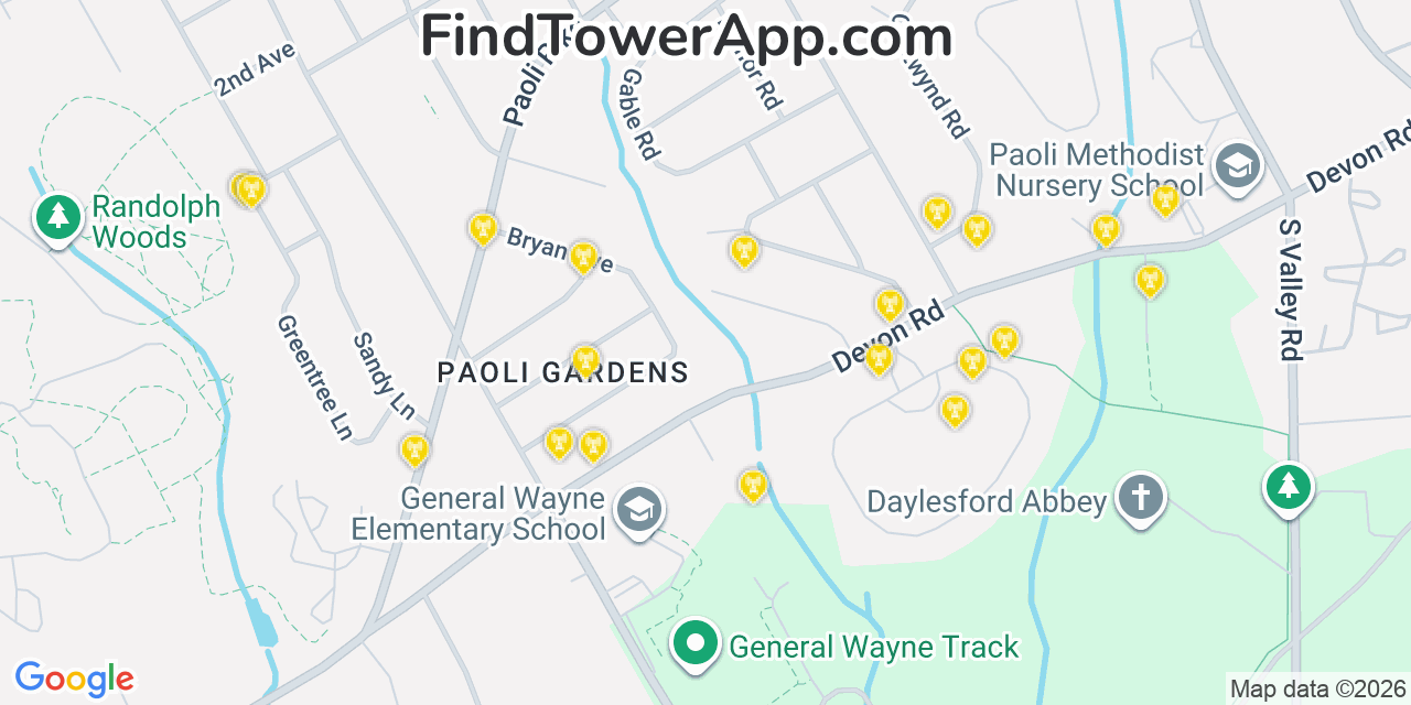 Map showing the 20 primary cell tower locations detected in Paoli, Pennsylvania from AT&T, Verizon, and T-Mobile networks