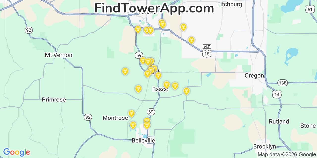 Map showing the 27 primary AT&T cell tower locations detected in Paoli, Wisconsin with coverage radius and signal strength indicators