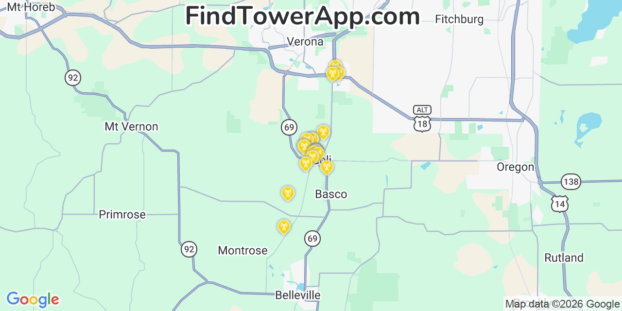 Map showing the 20 primary cell tower locations detected in Paoli, Wisconsin from AT&T, Verizon, and T-Mobile networks