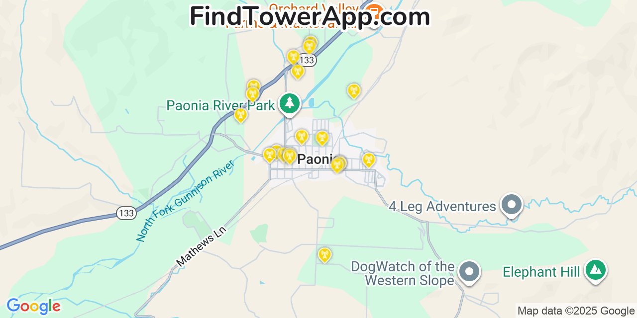 Map showing the 20 primary cell tower locations detected in Paonia, Colorado from AT&T, Verizon, and T-Mobile networks