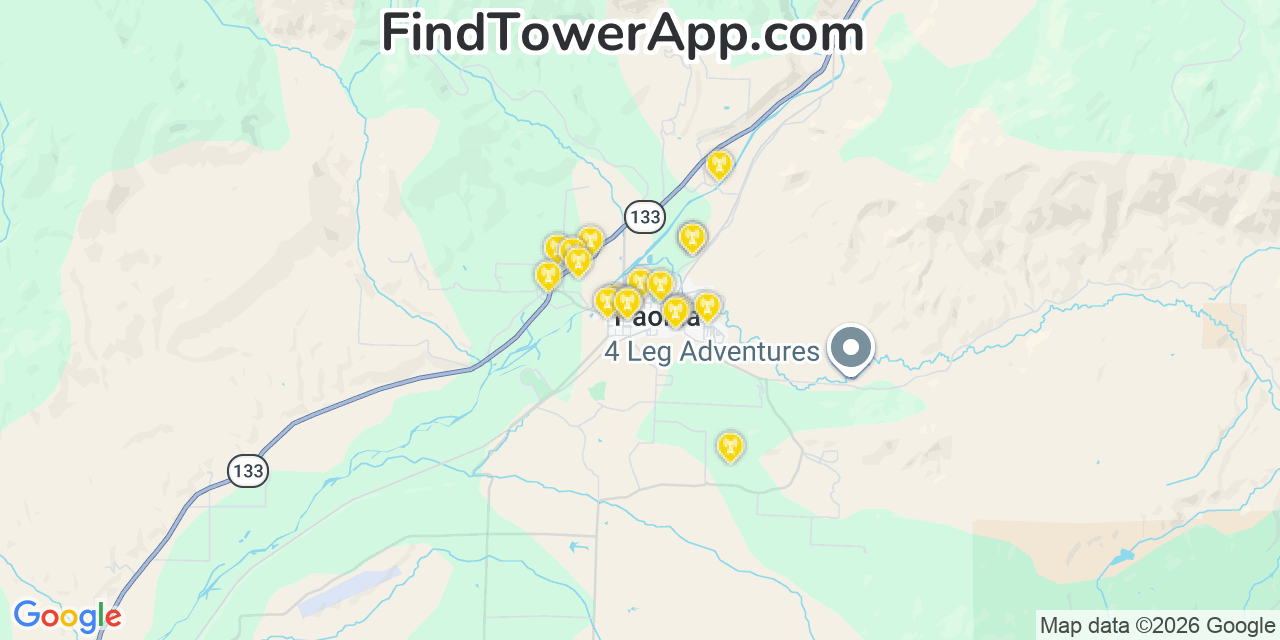 Map showing the 20 primary cell tower locations detected in Paonia, Colorado from AT&T, Verizon, and T-Mobile networks