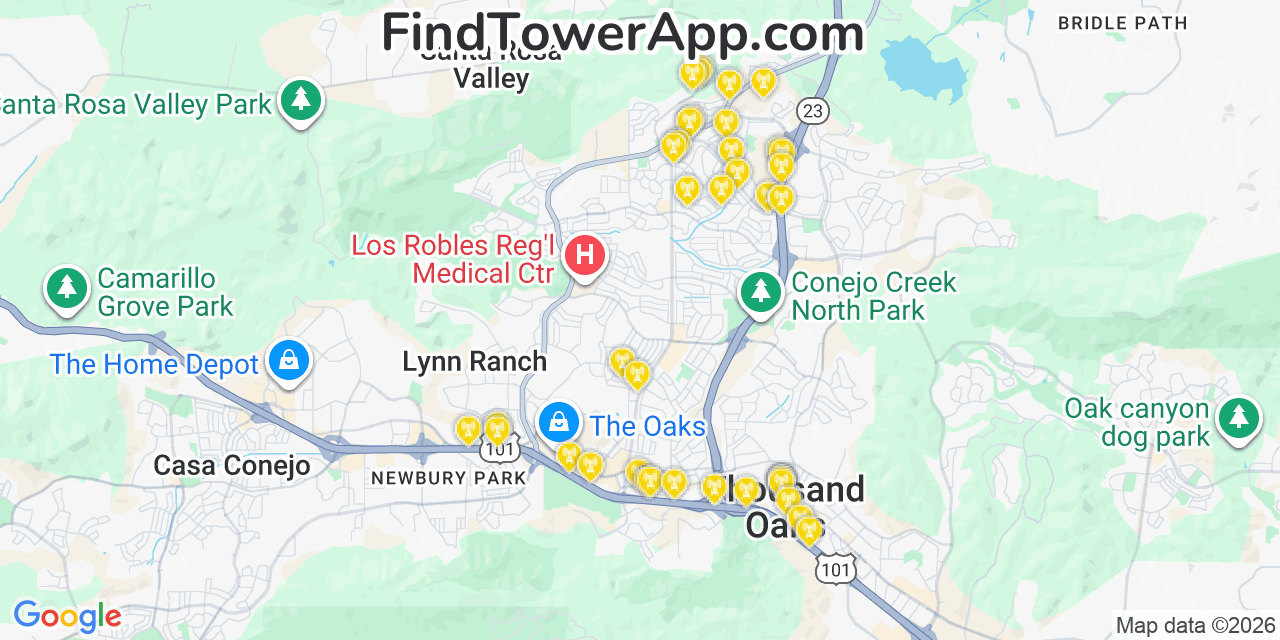 Map showing the 39 primary AT&T cell tower locations detected in Paonrama City, California with coverage radius and signal strength indicators