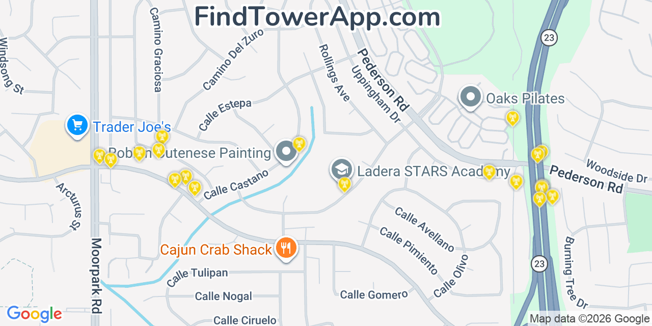 Map showing the 20 primary cell tower locations detected in Paonrama City, California from AT&T, Verizon, and T-Mobile networks