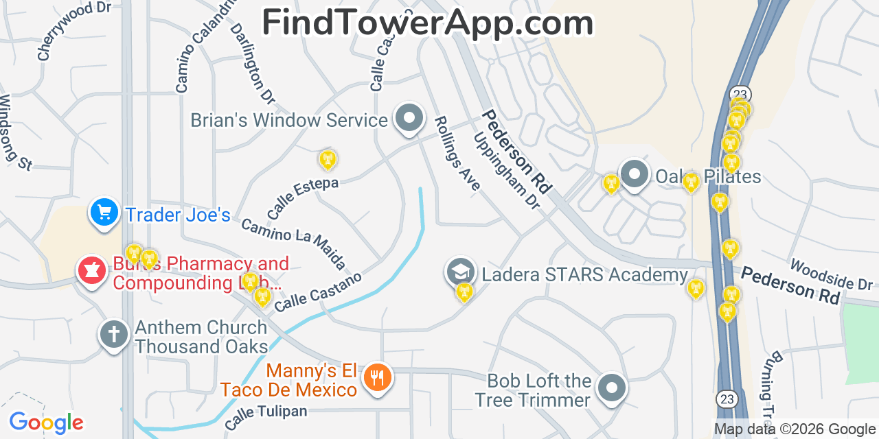 Map showing the 20 primary T-Mobile cell tower locations detected in Paonrama City, California with coverage radius and signal strength indicators