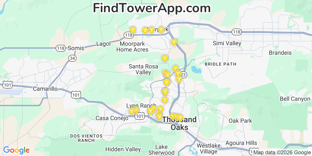 Map showing the 27 primary Verizon cell tower locations detected in Paonrama City, California with coverage radius and signal strength indicators