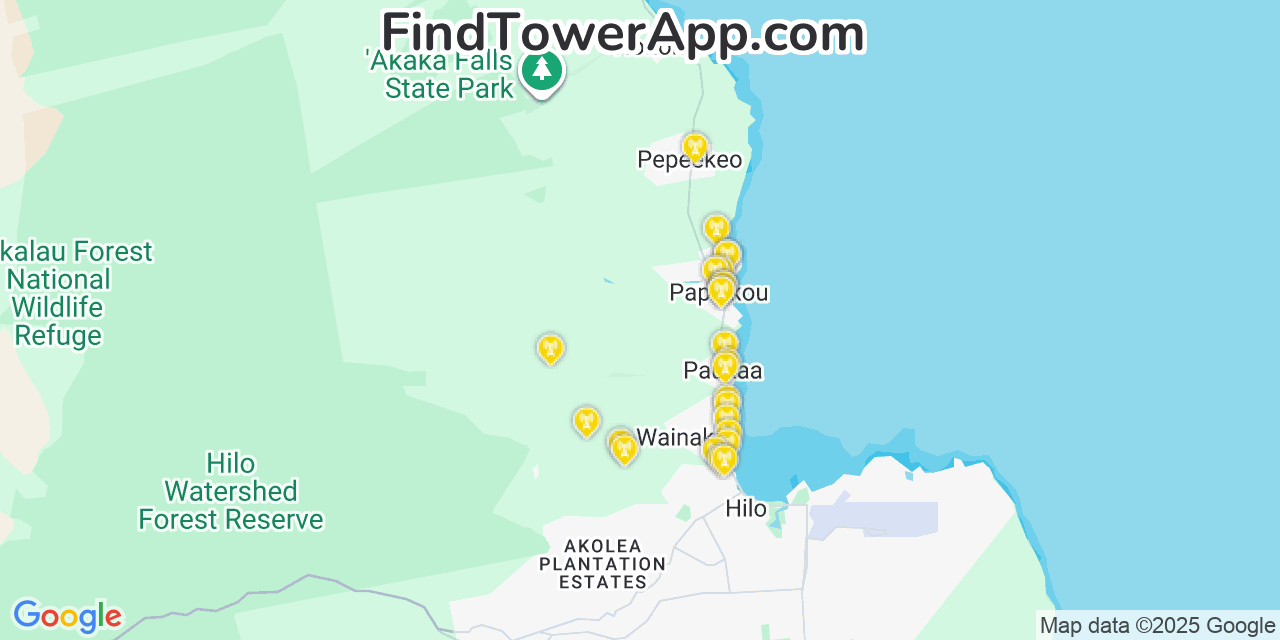 Map showing the 25 primary AT&T cell tower locations detected in Pāpa‘ikou, Hawaii with coverage radius and signal strength indicators