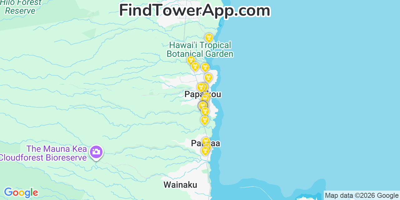 Map showing the 20 primary cell tower locations detected in Pāpa‘ikou, Hawaii from AT&T, Verizon, and T-Mobile networks