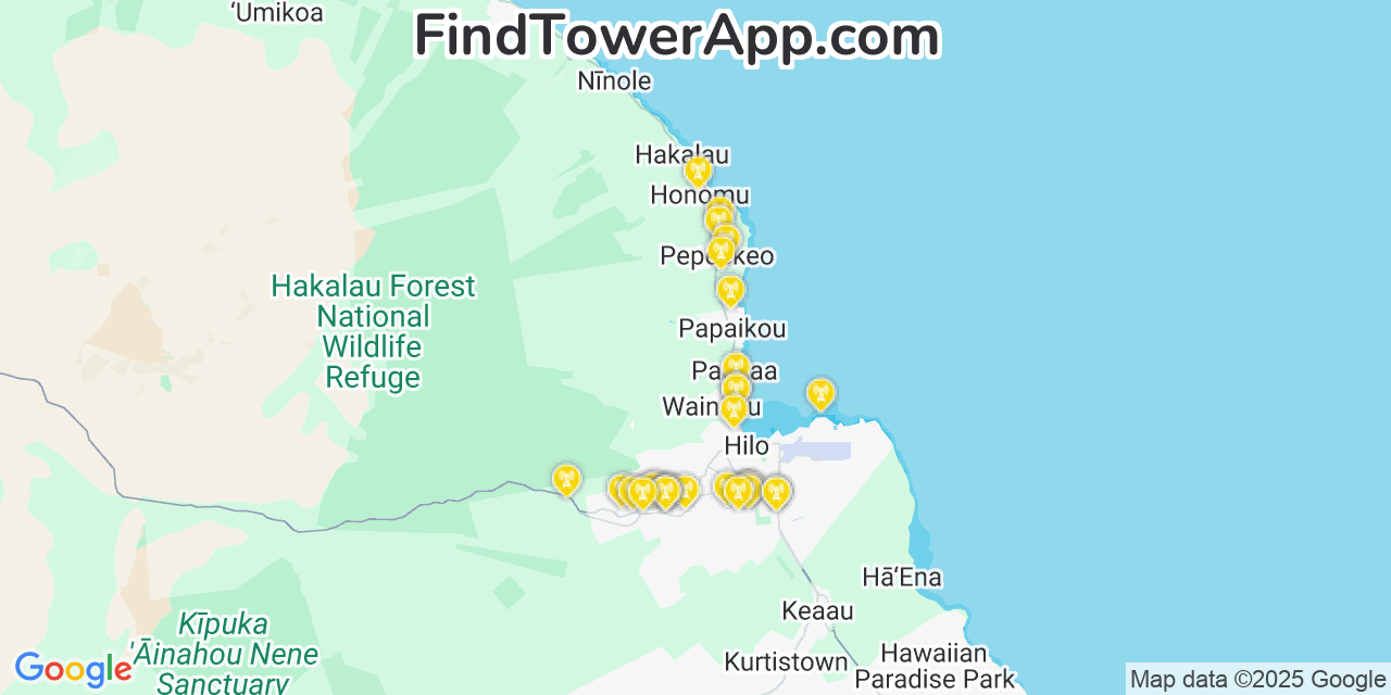 Map showing the 30 primary Verizon cell tower locations detected in Pāpa‘ikou, Hawaii with coverage radius and signal strength indicators