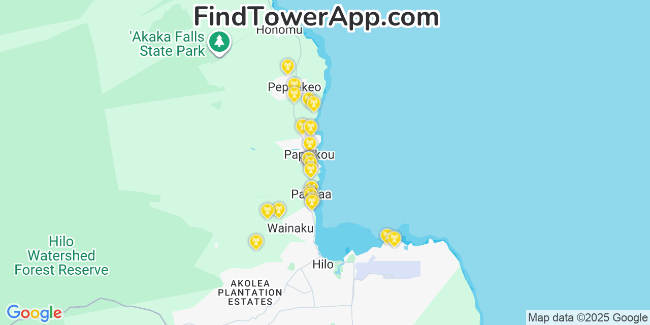 Map showing the 25 primary T-Mobile cell tower locations detected in Pāpaikou, Hawaii with coverage radius and signal strength indicators