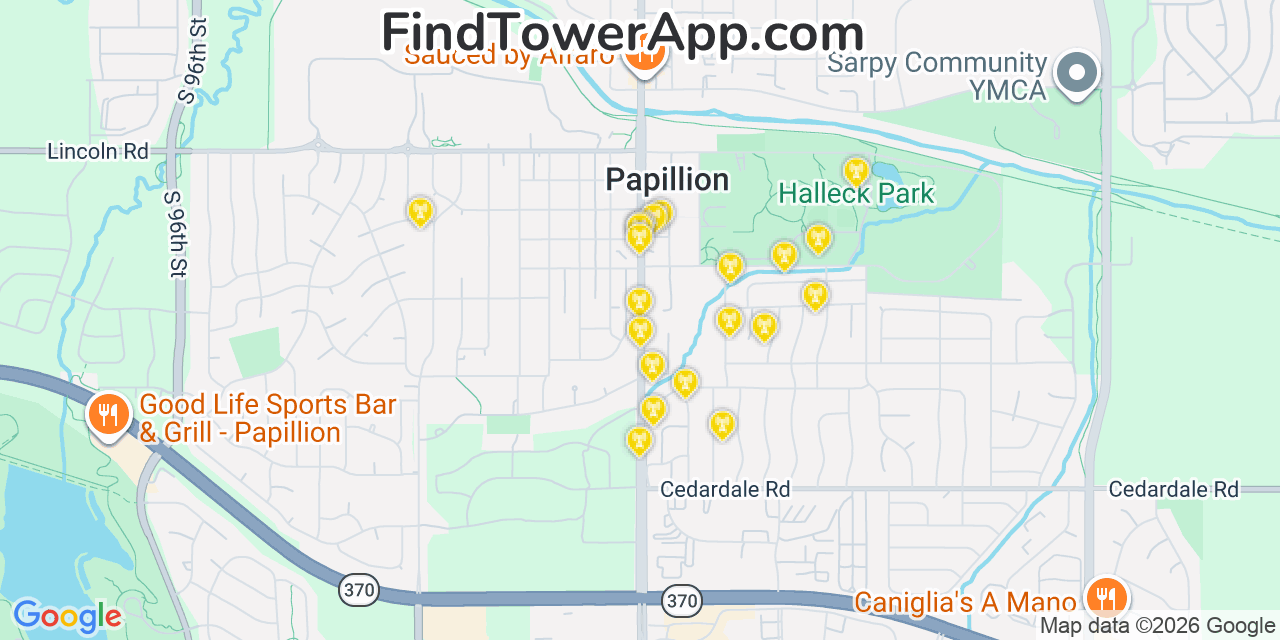 Map showing the 20 primary cell tower locations detected in Papillion, Nebraska from AT&T, Verizon, and T-Mobile networks