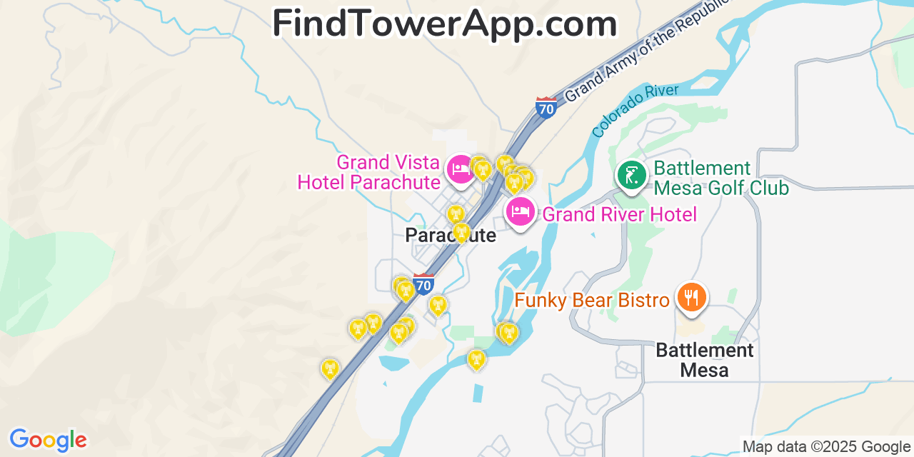 Map showing the 20 primary cell tower locations detected in Parachute, Colorado from AT&T, Verizon, and T-Mobile networks
