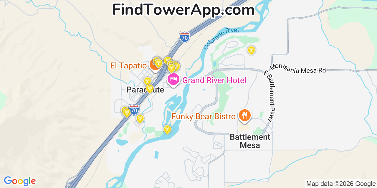 Map showing the 20 primary cell tower locations detected in Parachute, Colorado from AT&T, Verizon, and T-Mobile networks