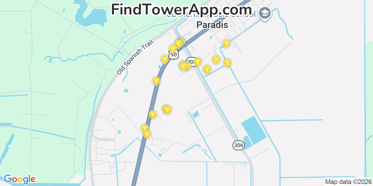 Map showing the 20 primary cell tower locations detected in Paradis, Louisiana from AT&T, Verizon, and T-Mobile networks