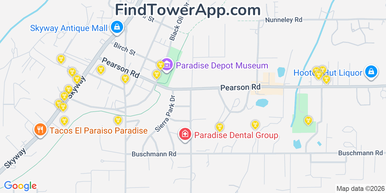 Map showing the 20 primary cell tower locations detected in Paradise, California from AT&T, Verizon, and T-Mobile networks