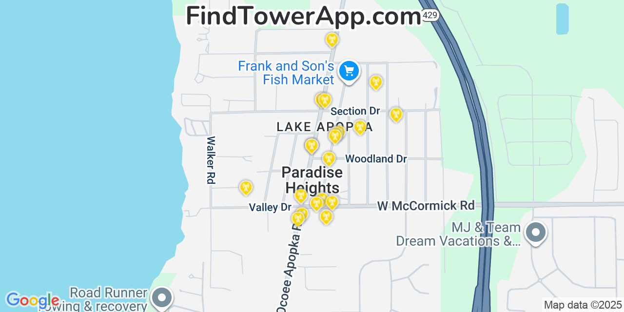 Map showing the 20 primary cell tower locations detected in Paradise Heights, Florida from AT&T, Verizon, and T-Mobile networks