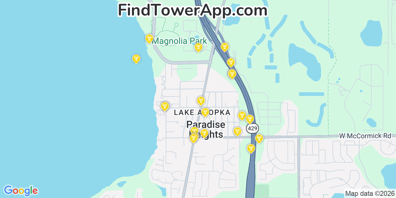 Map showing the 20 primary cell tower locations detected in Paradise Heights, Florida from AT&T, Verizon, and T-Mobile networks