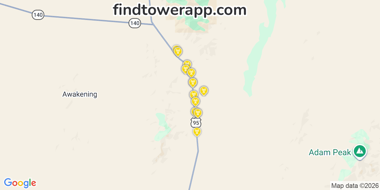 Map showing the 23 primary AT&T cell tower locations detected in Paradise Hill, Nevada with coverage radius and signal strength indicators