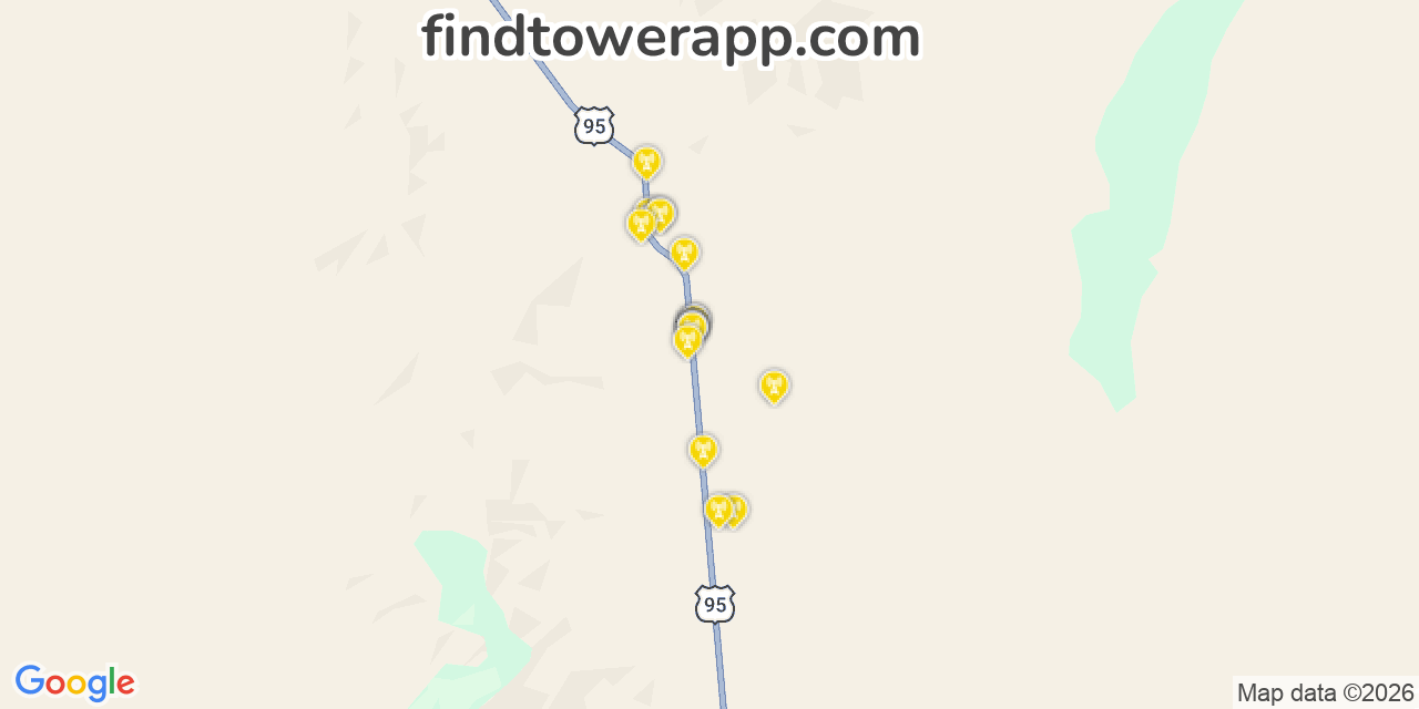 Map showing the 20 primary cell tower locations detected in Paradise Hill, Nevada from AT&T, Verizon, and T-Mobile networks