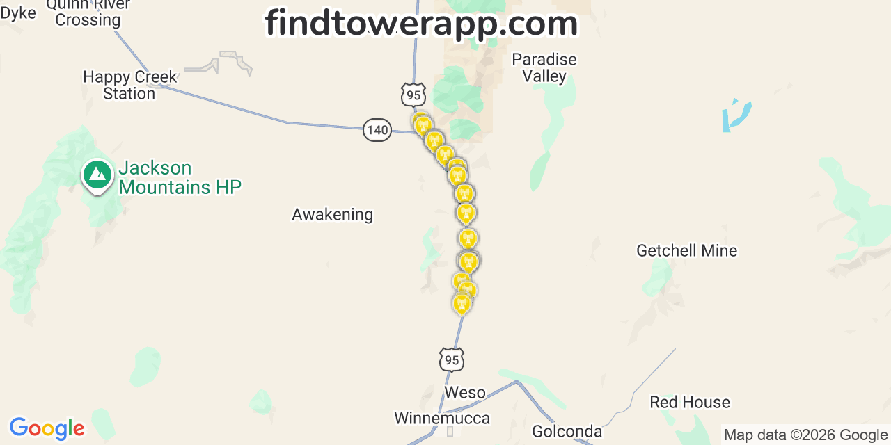 Map showing the 34 primary T-Mobile cell tower locations detected in Paradise Hill, Nevada with coverage radius and signal strength indicators