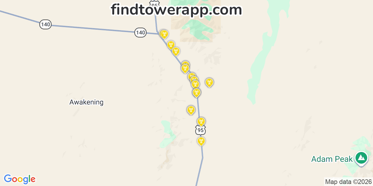 Map showing the 24 primary Verizon cell tower locations detected in Paradise Hill, Nevada with coverage radius and signal strength indicators