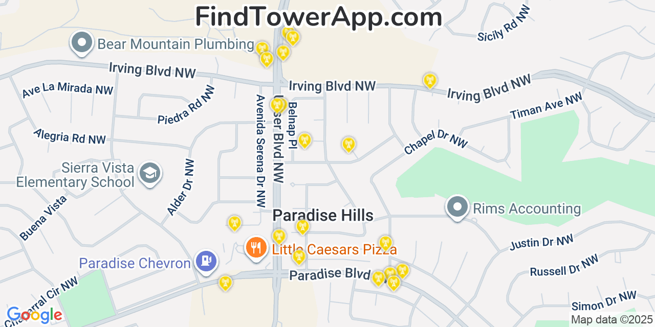 Map showing the 20 primary cell tower locations detected in Paradise Hills, New Mexico from AT&T, Verizon, and T-Mobile networks