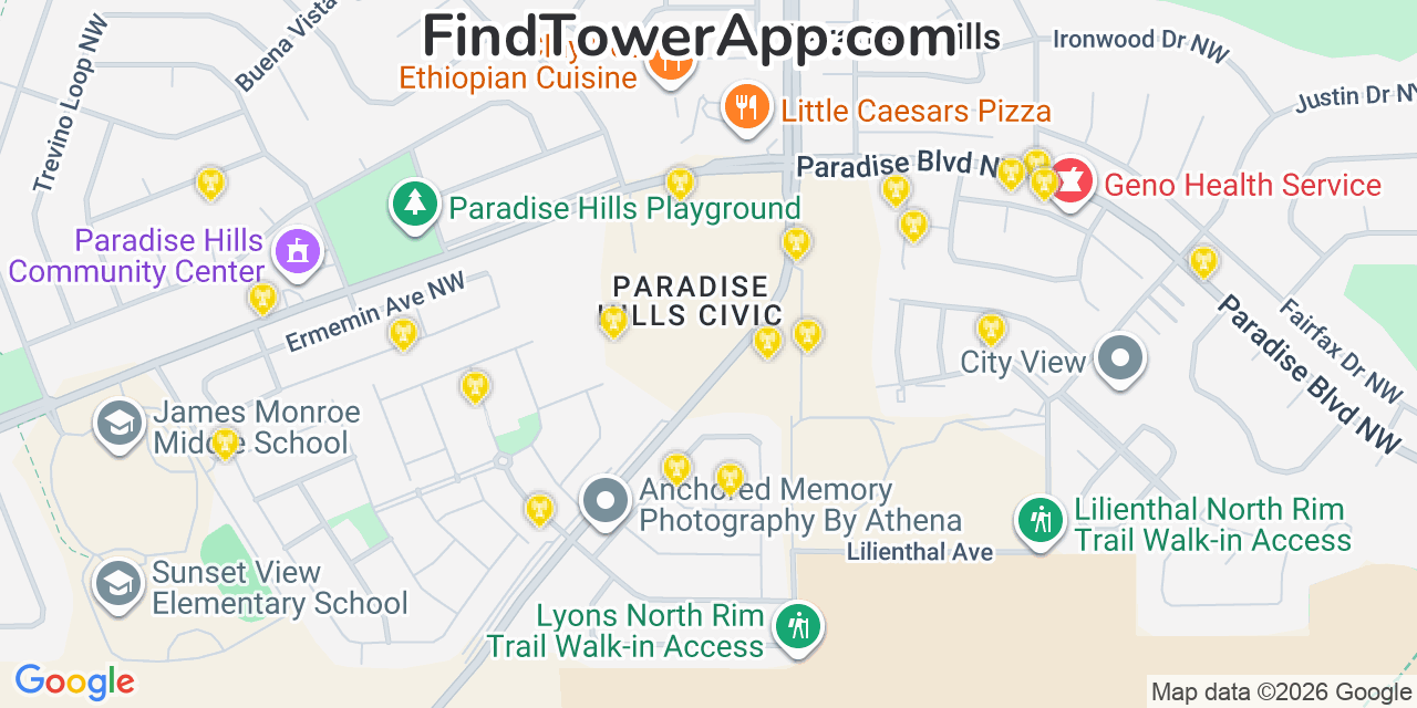 Map showing the 20 primary cell tower locations detected in Paradise Hills, New Mexico from AT&T, Verizon, and T-Mobile networks