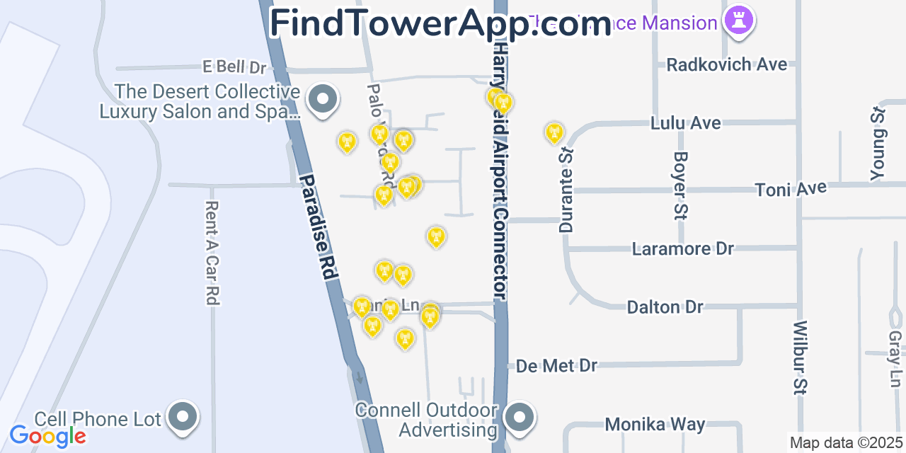 Map showing the 20 primary cell tower locations detected in Paradise, Nevada from AT&T, Verizon, and T-Mobile networks