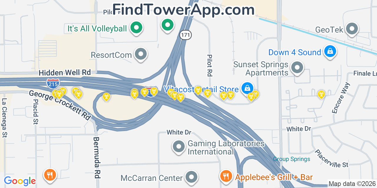 Map showing the 20 primary cell tower locations detected in Paradise, Nevada from AT&T, Verizon, and T-Mobile networks