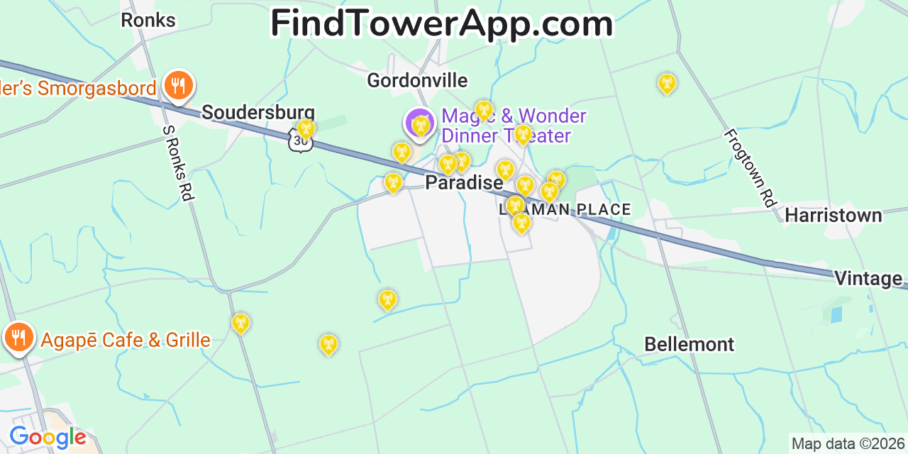 Map showing the 20 primary cell tower locations detected in Paradise, Pennsylvania from AT&T, Verizon, and T-Mobile networks