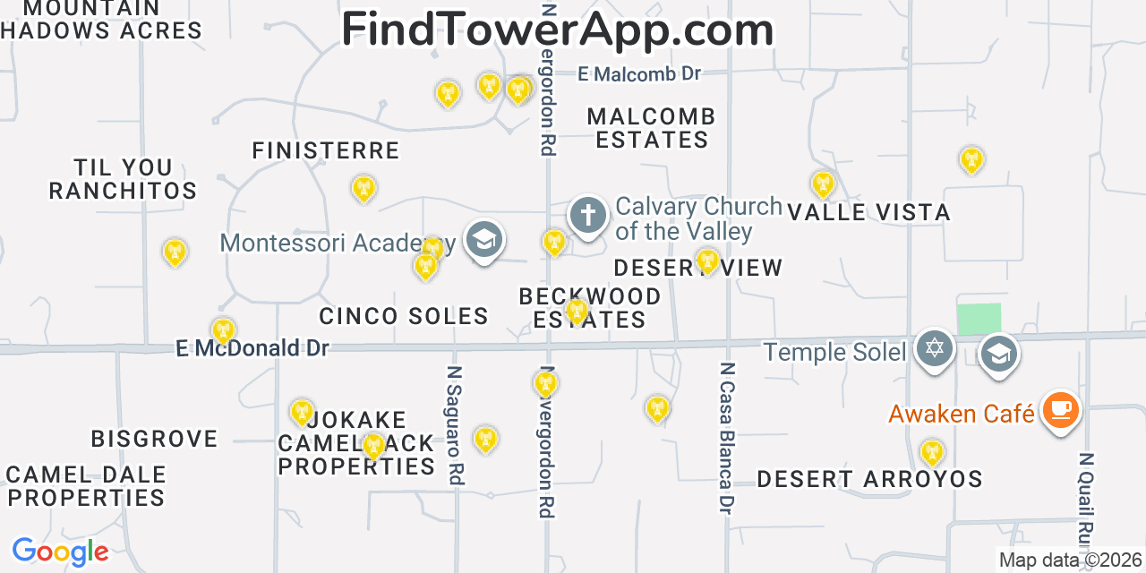Map showing the 20 primary cell tower locations detected in Paradise Valley, Arizona from AT&T, Verizon, and T-Mobile networks