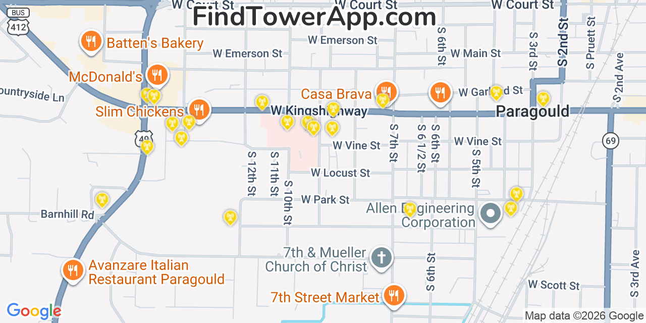 Map showing the 20 primary cell tower locations detected in Paragould, Arkansas from AT&T, Verizon, and T-Mobile networks