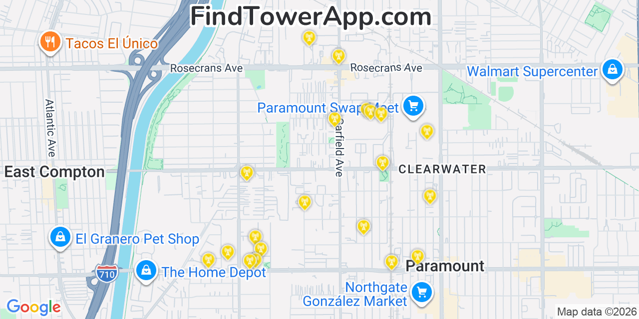 Map showing the 20 primary cell tower locations detected in Paramount, California from AT&T, Verizon, and T-Mobile networks