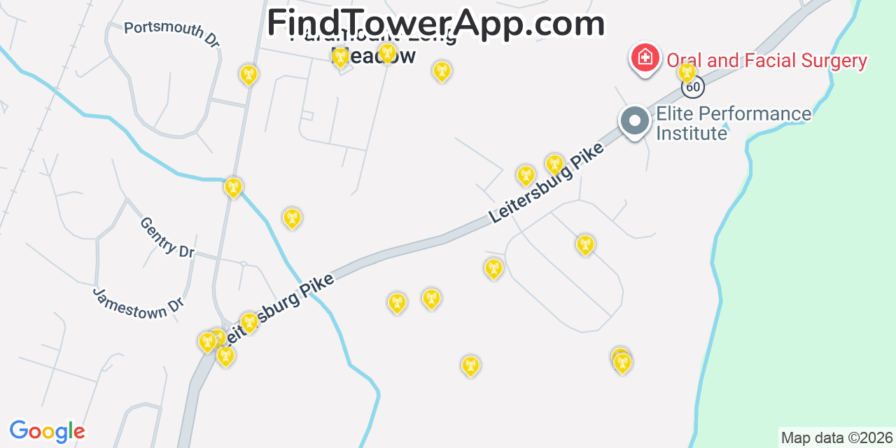Map showing the 20 primary cell tower locations detected in Paramount Long Meadow, Maryland from AT&T, Verizon, and T-Mobile networks
