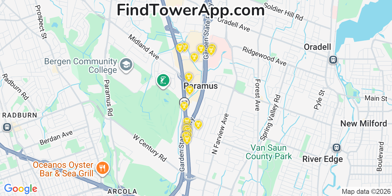 Map showing the 20 primary cell tower locations detected in Paramus, New Jersey from AT&T, Verizon, and T-Mobile networks